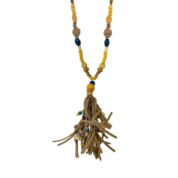Chico's Long Wood Bead Leather Tassel Lariat Necklace Yellow Blue statement long - Picture 15 of 16